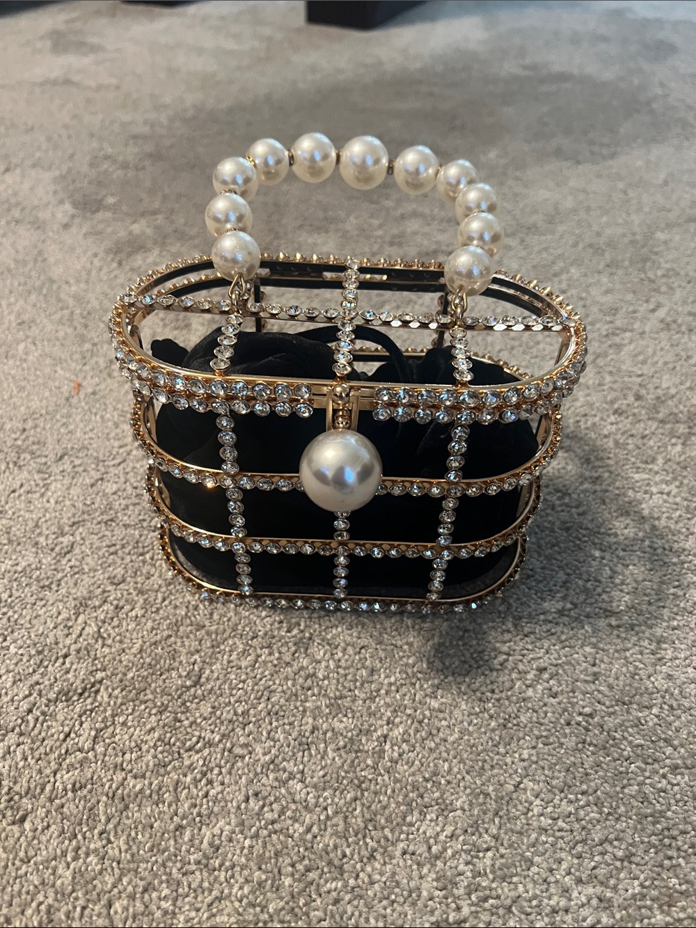 Rhinestone Cage Clutch Pearl Handle Gold Black Evening Bag Bridal Glam